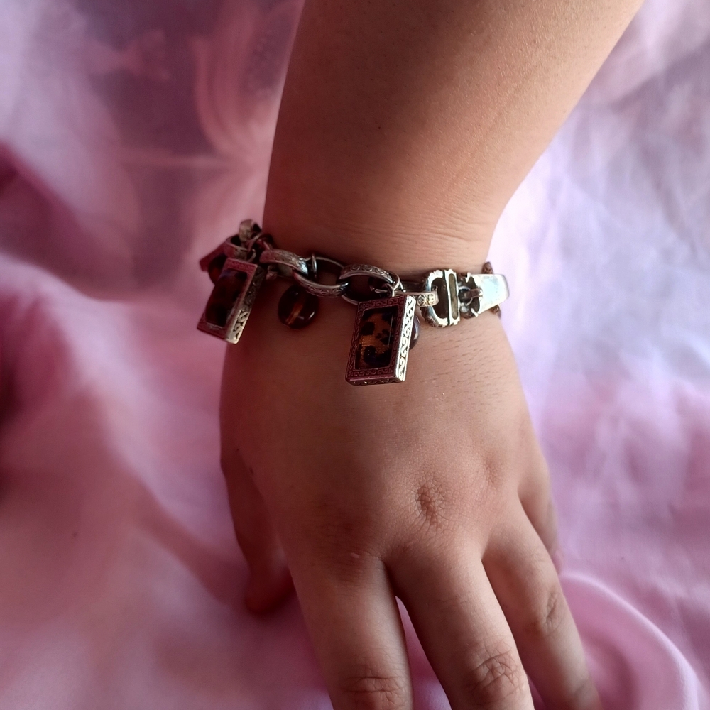 Silver Charm Bracelet with Leopard Print